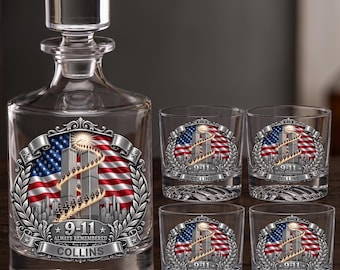 Personalized Never Forget Tribute Decanter Set, Custom Whiskey Decanter & 4 Glasses, UV Printed Memorial Barware Gift