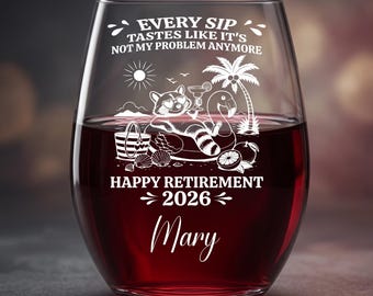 Personalized Retirement Wine Glass, Funny Laser Engraved Stemless Wine Glass, Custom Name & Year Retirement Gift, 15 oz