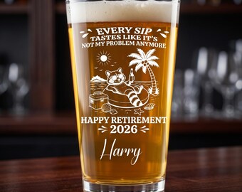 Personalized Retirement Pint Glass, Laser Engraved Beer Glass, Funny Retirement Gift for Men & Women, Custom 16oz Beer Glass