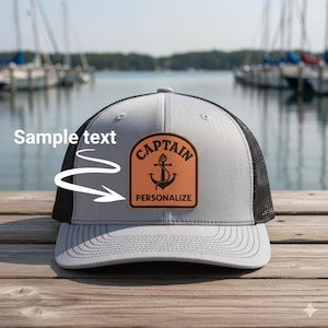 Personalized Captain Trucker Hat, Richardson 112 Leather Patch Hat, Custom Boat Hat, Nautical Gift for Him