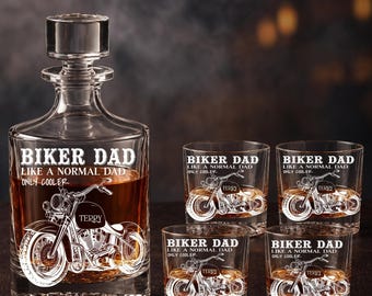 Personalized Biker Dad Whiskey Decanter Set, Laser Engraved Decanter & 4 Whiskey Glasses, Motorcycle Gift for Dad