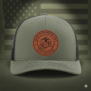 United States Marine Corps 250th Anniversary Richardson 112 Trucker Hat, USMC Leather Patch Hat, Marine Veteran Gift, Patriotic Mesh Cap