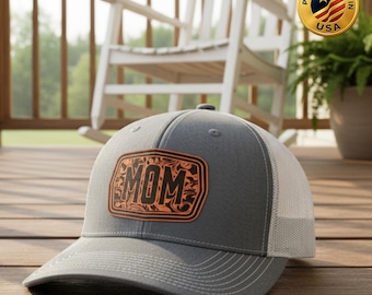 MOM Trucker Hat, Leather Patch Mom Hat, Mother’s Day Gift Hat, Women Mesh Cap, Gift for Mom, Gift for Him, Custom Name Gift
