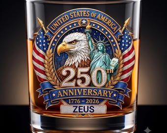 Vaso de whisky personalizado de 325 ml, efecto de diamantes de imitación 3D, 250 aniversario de EE. UU., vaso Old Fashioned con nombre personalizado.