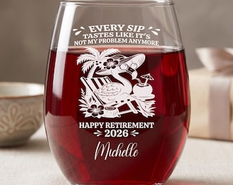 Personalized Retirement Wine Glass, Laser Engraved Stemless Wine Glass, Custom Retirement Gift for Women, 15 oz Wine Glass