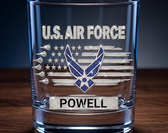 Personalized Air Force Veteran Whiskey Glass, Custom Name Old Fashioned 11 oz