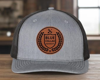 Blue Collar Earned Knowledge Trucker Hat, Leather Patch Cap, Working Man Gift, Tradesman Snapback, Gift for Him, Custom Name Gift
