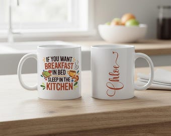 Taza divertida para el Día de la Madre, taza personalizada para mamá, taza "Desayuno en la cama", taza con impresión a doble cara, regalo con nombre personalizado para mamá, 325 ml y 433 ml