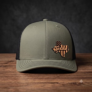 Personalized Texas Leather Patch Trucker Hat, Custom Name Engraved 6 Panel Snapback Cap, Texas State Hat