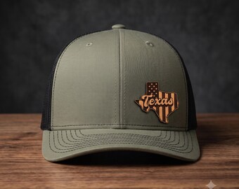 Personalized Texas Leather Patch Trucker Hat, Custom Name Engraved 6 Panel Snapback Cap, Texas State Hat