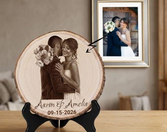 Personalized Engraved Wood Slice Photo, Custom Wedding Photo Plaque, Rustic Anniversary Gift, Wood Burned Picture, Couples Keepsake