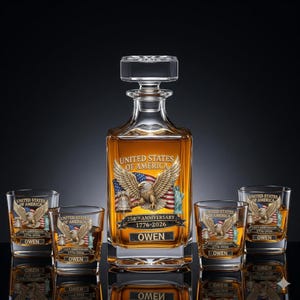 Personalized Patriotic Eagle Decanter Set, Custom Whiskey Decanter & 4 Glasses, UV Printed Bourbon Gift, American Eagle Barware Set