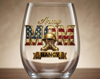 Copa de vino patriótica personalizada para mamá, regalo con nombre personalizado para familiares de militares, cristalería para veteranos, regalo para cónyuges de militares