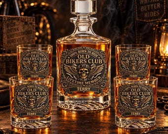 Personalized Old Bikers Club Decanter Set, Custom UV Printed Whiskey Decanter & 4 Glasses, Motorcycle Rider Gift for Dad