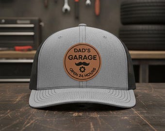 Gorra de camionero Dad's Garage, gorra de papá con parche de cuero, gorra snapback abierta las 24 horas, gorra de regalo para el Día del Padre, regalo divertido para papá.