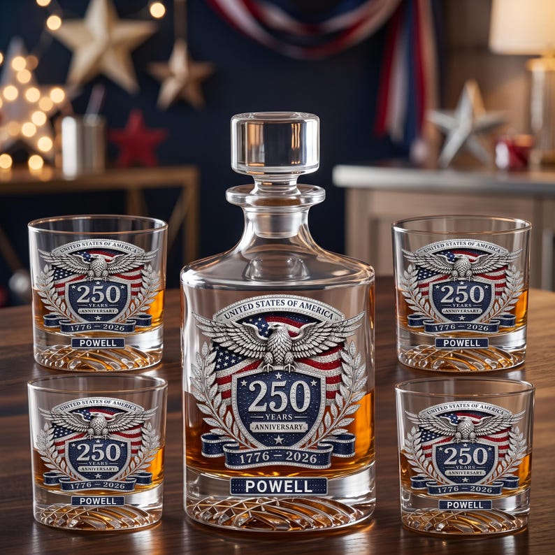 May include: A clear glass decanter and four matching whiskey glasses, each featuring a printed graphic of a bald eagle, the American flag, and the text United States of America 250 Years Anniversary 1776-2026 with the name Powell printed below.