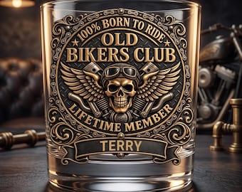 Personalized Old Bikers Club Whiskey Glass, Custom UV Printed Old Fashioned Glass, Motorcycle Rider Gift for Dad, Biker Gift