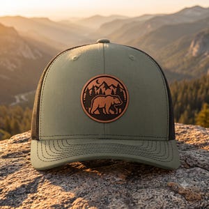 Bear Trucker Hat, Leather Patch Bear Hat, Wildlife Snapback Cap, Outdoor Adventure Hat, Camping Gift, Hiking Hat, 6 Panel Trucker Hat