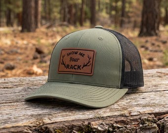 Show Me Your Rack Hat, Funny Deer Hunting Trucker Hat, Leather Patch Outdoorsman Gift for Men, Adjustable Snapback Cap