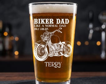 Personalized Biker Dad Pint Glass, Laser Engraved Motorcycle Beer Glass, Custom Father's Day Gift for Dad, 16 oz Beer Glass