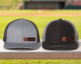 Personalized Baseball Trucker Hat, Custom Leather Patch Hat, Player Number Cap, Coach Hat, Team Gift, Baseball Dad Gift