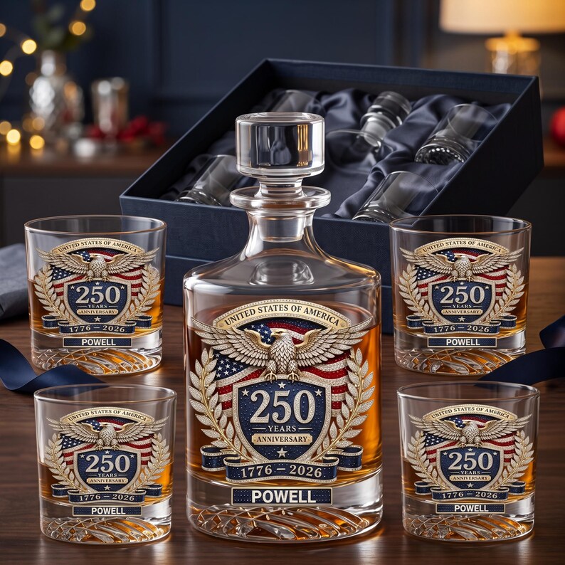 May include: A clear glass decanter and four matching whiskey glasses, each featuring a graphic of a bald eagle, the American flag, and the text United States of America 250 Years Anniversary 1776-2026 Powell. The set is presented in a dark blue box.