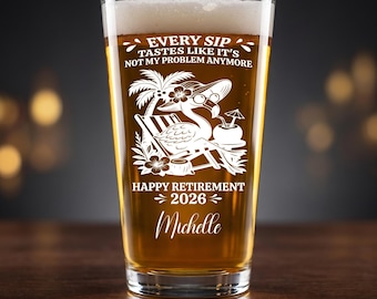 Funny Retirement Pint Glass, Personalized Laser Engraved Beer Glass, Flamingo Retirement Gift for Women, Custom Name & Year