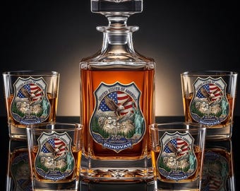 Juego de decantador de whisky personalizado con 4 vasos, efecto de diamantes de imitación 3D, regalo del 250 aniversario de EE. UU., juego de bourbon con águila patriótica 1776 2026