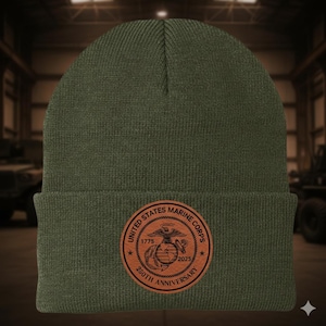 USMC 250th Anniversary Beanie – Leather Patch Veteran Gift – Port & Co CP90 Hat USA Made