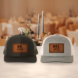 Mr and Mrs Trucker Hats, Personalized Couple Hats with Last Name, Sweetest Day Gift, Anniversary Newlywed Honeymoon Leatherette Patch Cap