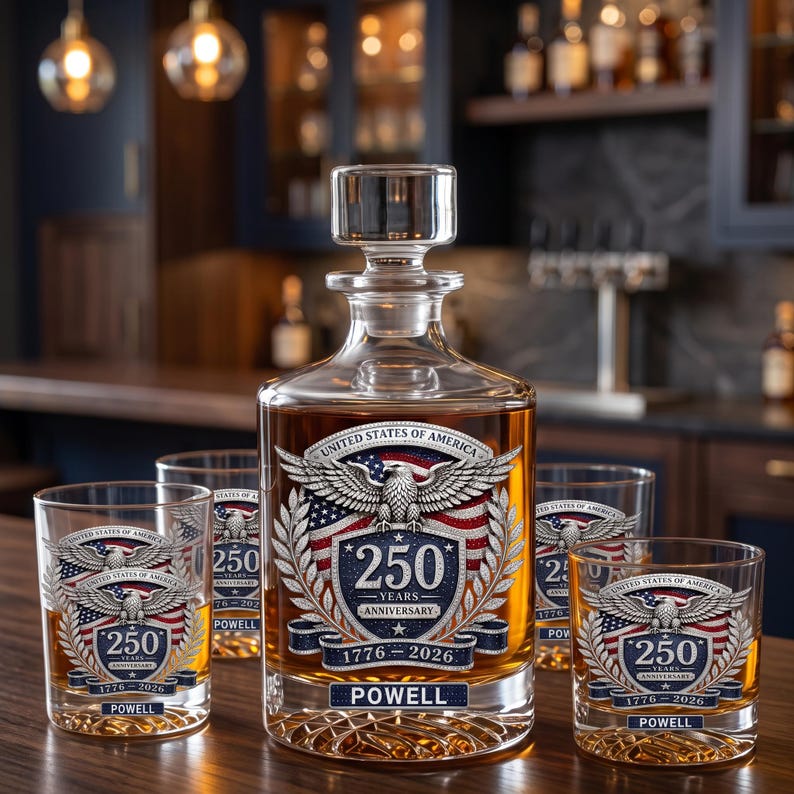 May include: A clear glass decanter and four matching glasses filled with amber liquid. Each piece features a graphic of a bald eagle, the American flag, and the text United States of America 250 Years Anniversary 1776-2026 and Powell.