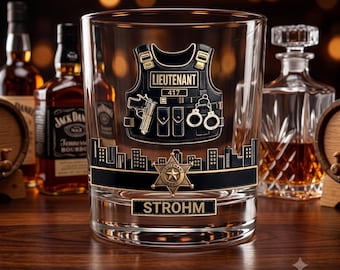 Personalized Police Lieutenant Whiskey Glass, Custom Police Gift, UV Printed Rocks Glass, Officer Retirement Gift, Badge Number Glass