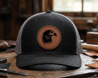 Eagle Leather Patch Trucker Hat, Patriotic Outdoor Snapback Cap for Men, Eagle Mesh Hat, Gift for Outdoorsman, Gift for Him