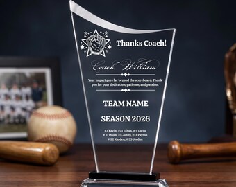 Personalized Coach Appreciation Glass Award, Custom Laser Engraved Coach Thank You Gift, Baseball Coach Trophy, Team Gift