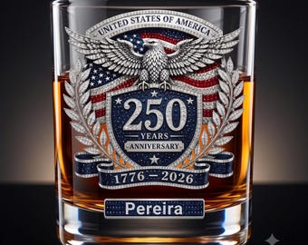 Vaso de whisky personalizado, vaso Old Fashioned de 325 ml, regalo del 250 aniversario de EE. UU. con diamantes de imitación 3D, nombre personalizado.