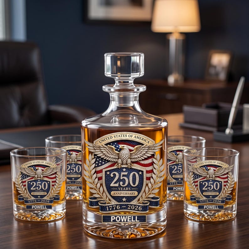 May include: A clear glass decanter and four matching glasses filled with amber liquid. Each piece features a graphic of a bald eagle, the American flag, and the text United States of America 250 Years Anniversary 1776-2026 and the name Powell.
