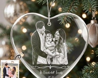 Personalized Laser Engraved Heart Ornament, Custom Family Photo Ornament, Crystal Glass Keepsake, Christmas Gift, Memorial Ornament