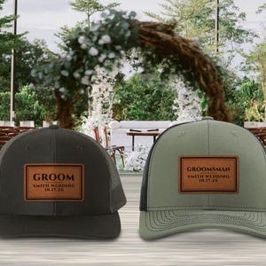 Groomsmen Hats with Last Name Wedding and Date, Groom Best Man Father of the Groom Trucker Hat, Leatherette Patch Wedding Party Gift