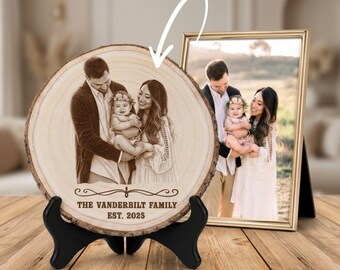 Personalized Family Wood Slice Photo, Custom Engraved Family Plaque, Rustic Wooden Picture, Family Name Sign, Housewarming Gift