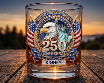 USA 250th Anniversary Whiskey Glass, Personalized 11oz Old Fashioned Glass, Custom Name Patriotic 1776 2026 Bourbon Glass Gift