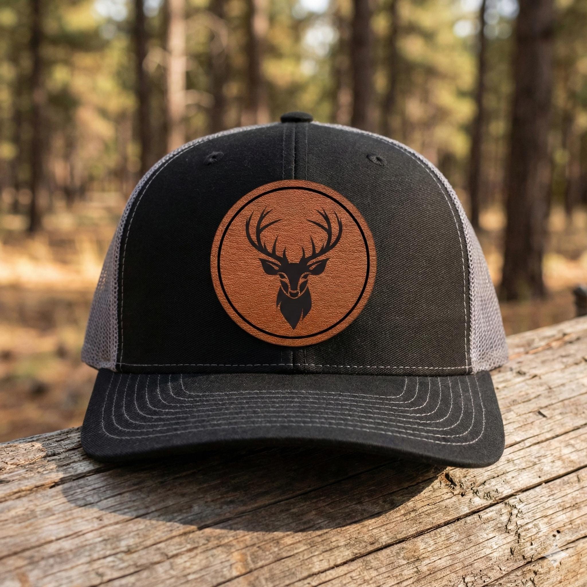 Deer Head Trucker Hat, Leather Patch Hunting Cap, Buck Antler Mesh