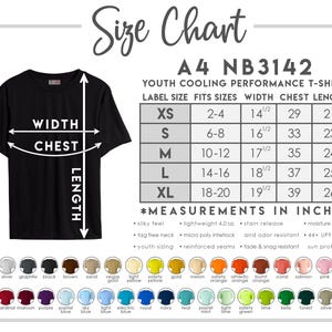 May include: Black youth cooling performance t-shirt with a size chart. The chart lists measurements in inches for width, chest, and length, along with available colors. The shirt features a tag-free neck and is stain-resistant.