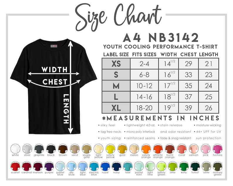 May include: Black youth cooling performance t-shirt with a size chart. The chart lists measurements in inches for width, chest, and length, along with available colors. The shirt features a tag-free neck and is stain-resistant.