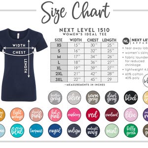 May include: A navy blue women's ideal tee shirt with a size chart and color options. The size chart includes measurements in inches for width, chest, and length. Color options include antique gold, light orange, and hot pink.