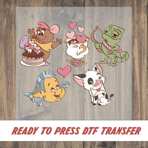 May include: A DTF transfer sheet featuring five cartoon characters: a brown mouse with a cake, a teacup with hearts, a green chameleon holding a bow and arrow, a yellow fish with a heart balloon, and a white piglet holding an envelope. Text reads: READY TO PRESS DTF TRANSFER.