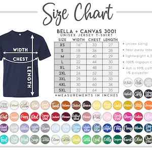 以下が含まれることがあります： サイズチャート付きのネイビーブルーのユニセックスジャージーTシャツ。チャートには、XSから5XLまでの幅、胸囲、長さのインチ単位の測定値が記載されています。カラーオプションはチャートの下に表示されます。