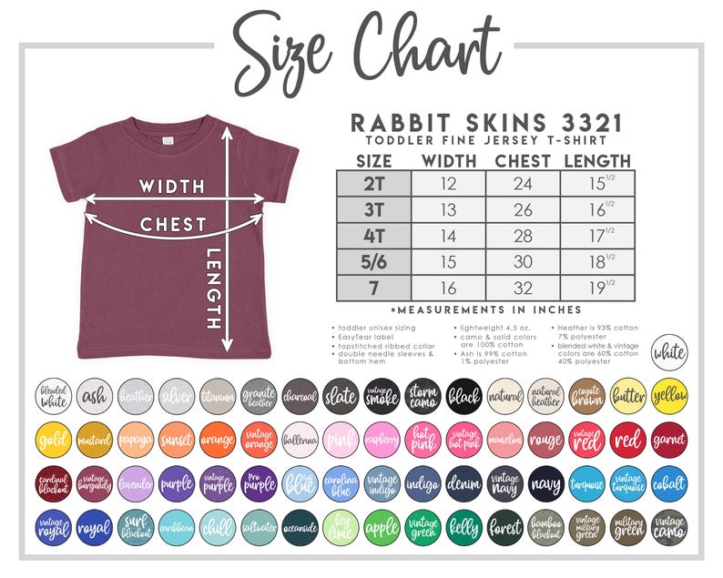 以下が含まれることがあります： 幼児用ファインジャージーTシャツのサイズチャート。サイズ2Tから7までのインチ単位の寸法（幅、胸囲、着丈など）が表示されています。シャツはマルーン色で、さまざまな色のオプションも表示されています。