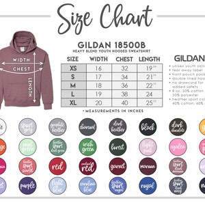 May include: Size chart for Gildan 18500B youth hooded sweatshirt. The chart shows sizes XS to XL with corresponding width, chest, and length measurements in inches. The chart also includes a list of available colors for the sweatshirt.