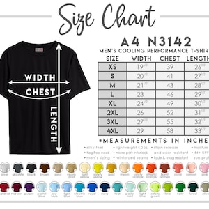 以下が含まれることがあります： サイズチャート付きの黒いメンズ冷却パフォーマンスTシャツ。チャートには、XSから4XLまでの幅、胸囲、長さのインチ単位の測定値が記載されています。特徴は、シルキーな手触り、タグフリーネック、吸湿発散性のある生地です。