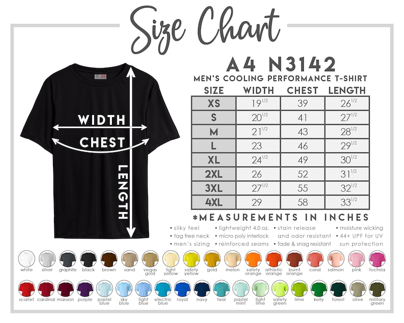 以下が含まれることがあります： サイズチャート付きの黒いメンズ冷却パフォーマンスTシャツ。チャートには、XSから4XLまでの幅、胸囲、長さのインチ単位の測定値が記載されています。特徴は、シルキーな手触り、タグフリーネック、吸湿発散性のある生地です。